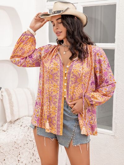 swvws Plus Size Tie Neck Tassel Printed Blouse