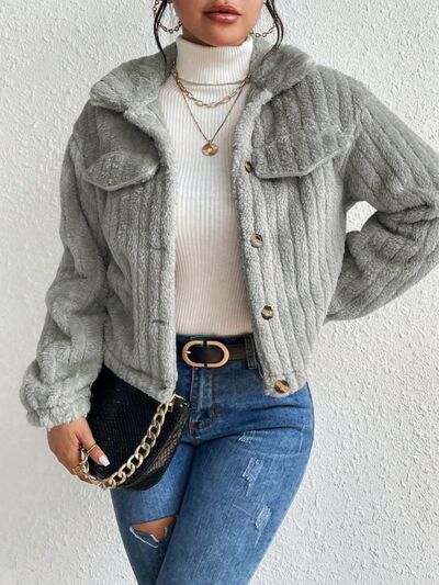 swvws Fuzzy Button Up Collared Neck Jacket