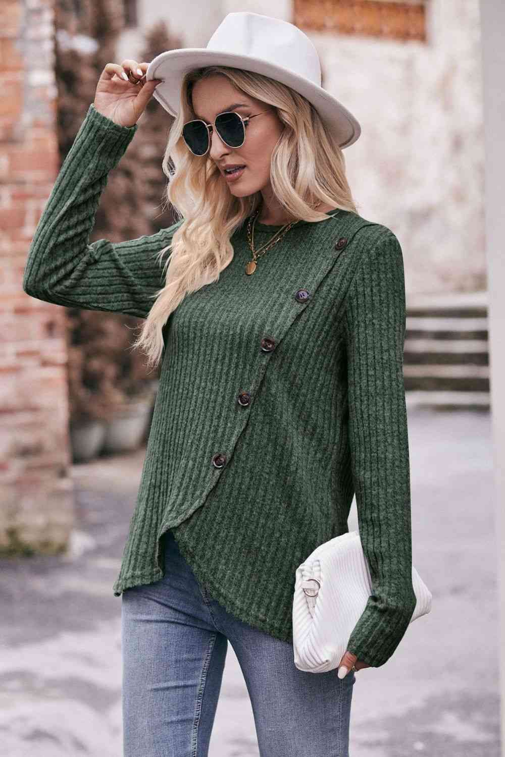 swvws Double Take Ribbed Round Neck Buttoned Long Sleeve Tee