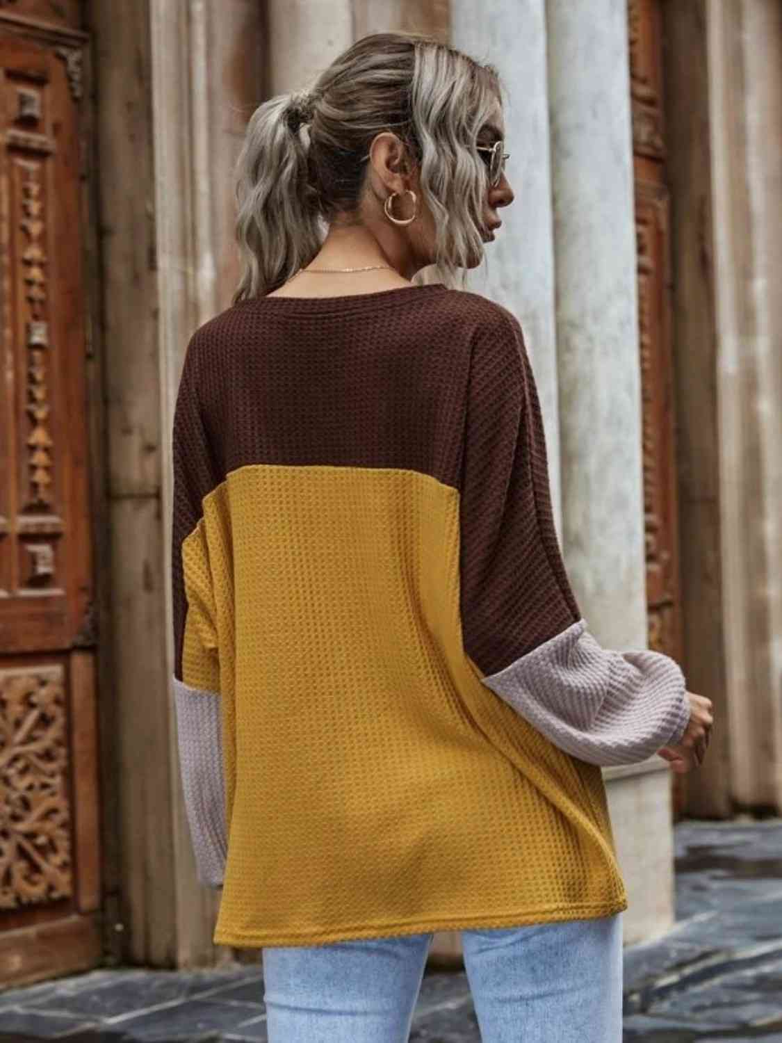 swvws Color Block Waffle-Knit Long Sleeve Top