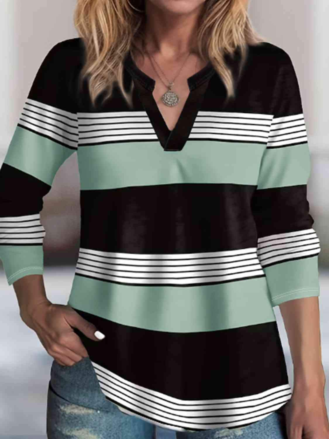 swvws Striped Notched Long Sleeve T-Shirt