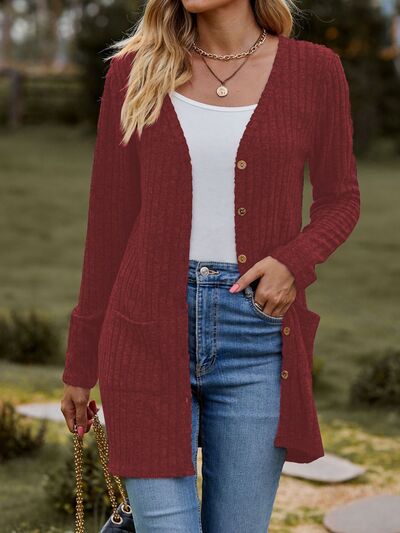 swvws Ribbed Button Up Long Sleeve Cardigan