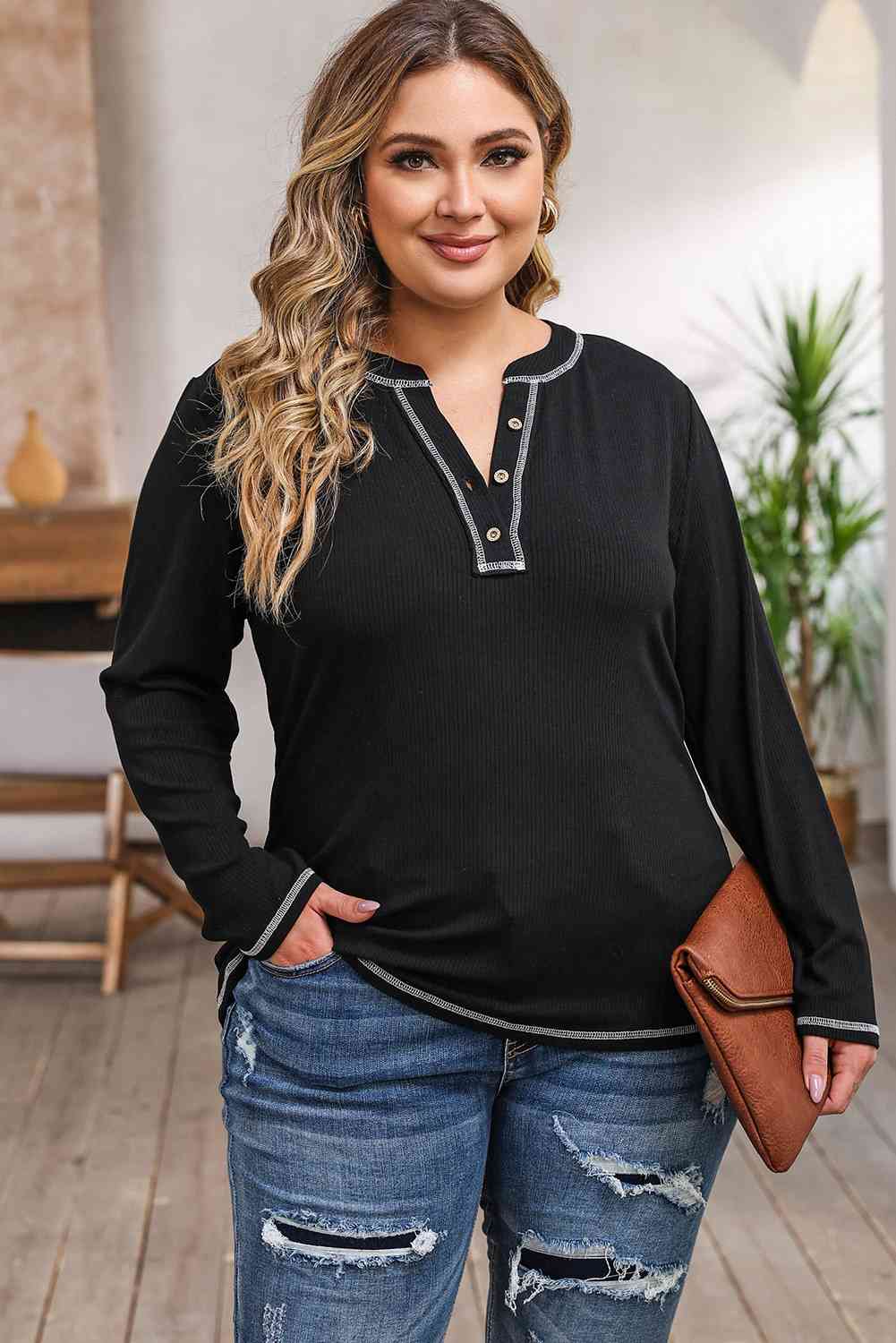 swvws Plus Size Notched Neck Long Sleeve T-Shirt