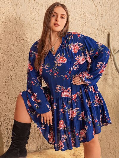 swvws Plus Size Printed Tie Neck Balloon Sleeve Mini Dress