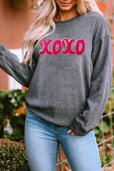 swvws XOXO Sequin Round Neck Dropped Shoulder Sweatshirt