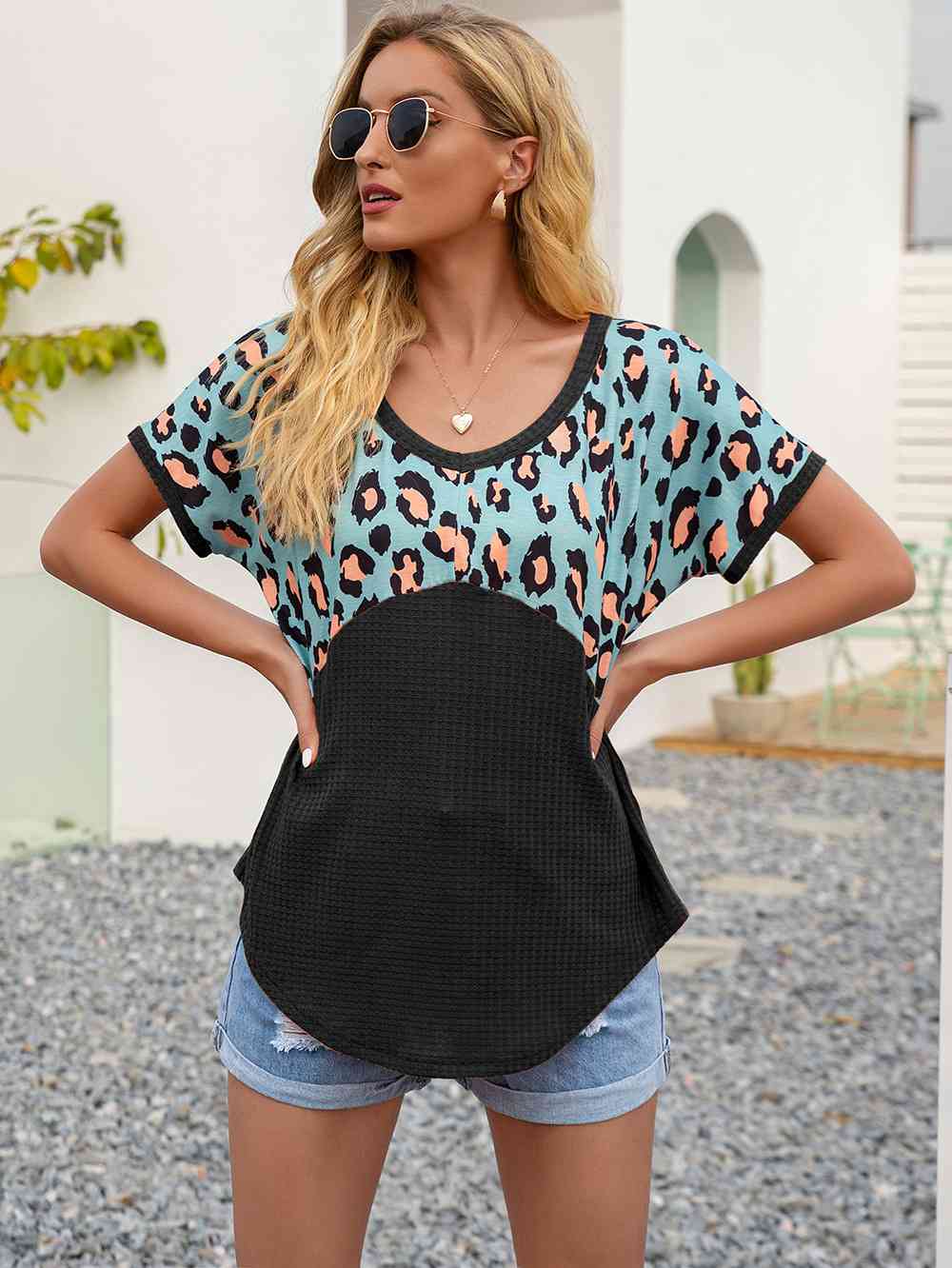 swvws Leopard Waffle-Knit Short Sleeve Top