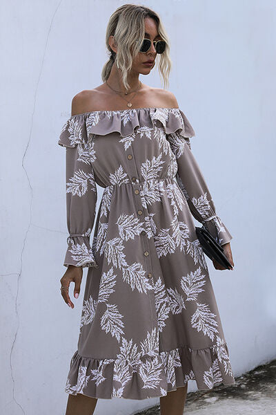 swvws Ruffled Printed Off-Shoulder Midi Dress