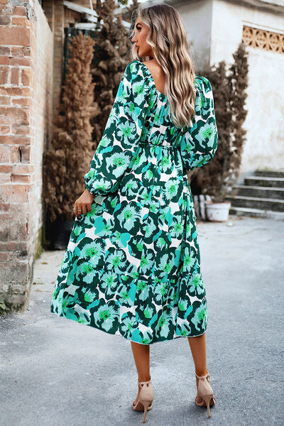 swvws Printed Balloon Sleeve Pocketed Midi Dress