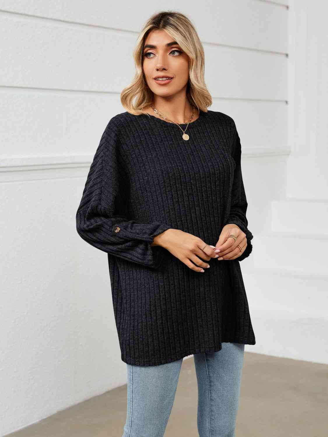 swvws Round Neck Ribbed Long Sleeve T-Shirt