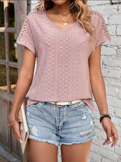 swvws Eyelet V-Neck Short Sleeve T-Shirt