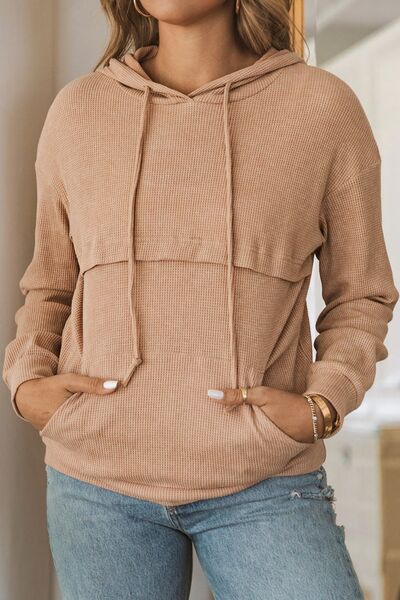 swvws Waffle-Knit Drawstring Kangaroo Pocket Hoodie