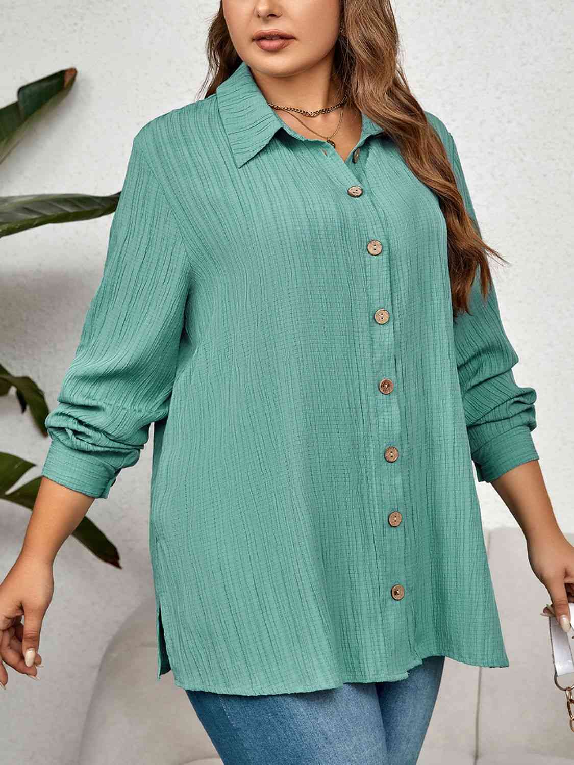 swvws Plus Size Collared Neck Long Sleeve Shirt