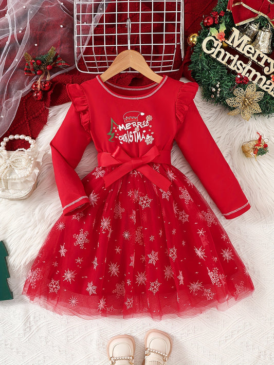 Long Sleeve MERRY CHRISTMAS Print Belted Mesh Dress for Girls, Festive Ruffle Spliced, Stylish & Cute, for Fall & Winter, as Christmas Gifts