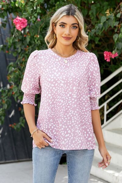 swvws Polka Dot Round Neck Lantern Sleeve Blouse