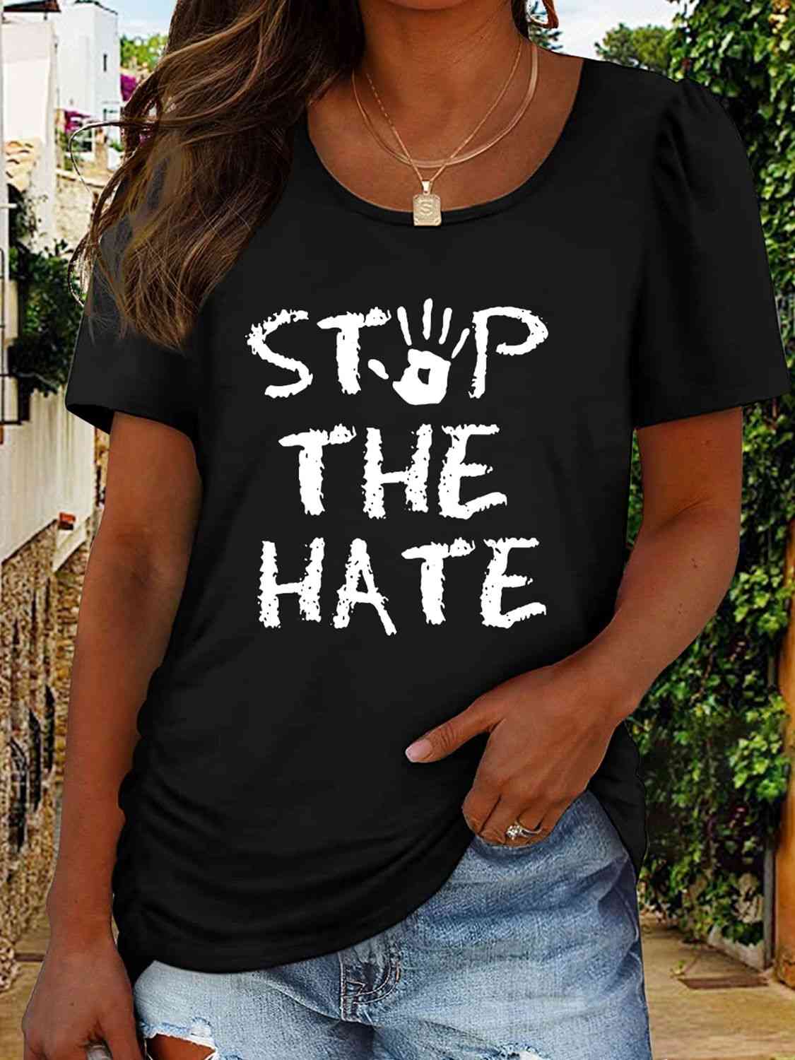 swvws Round Neck Short Sleeve STOP THE HATE Graphic T-Shirt