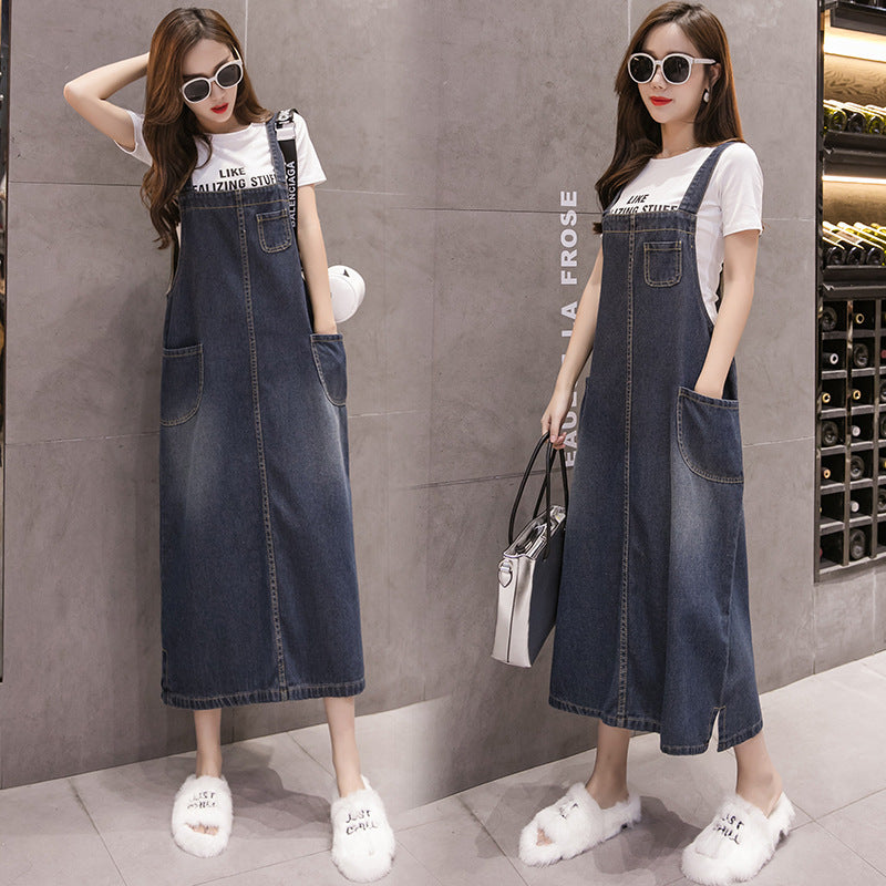 SWVWS European and American Style New Korean Style plus Size Loose Plump Girls All-Matching Jeans Suspender Skirt Mid-Length Slimming Dress Women's Clothing