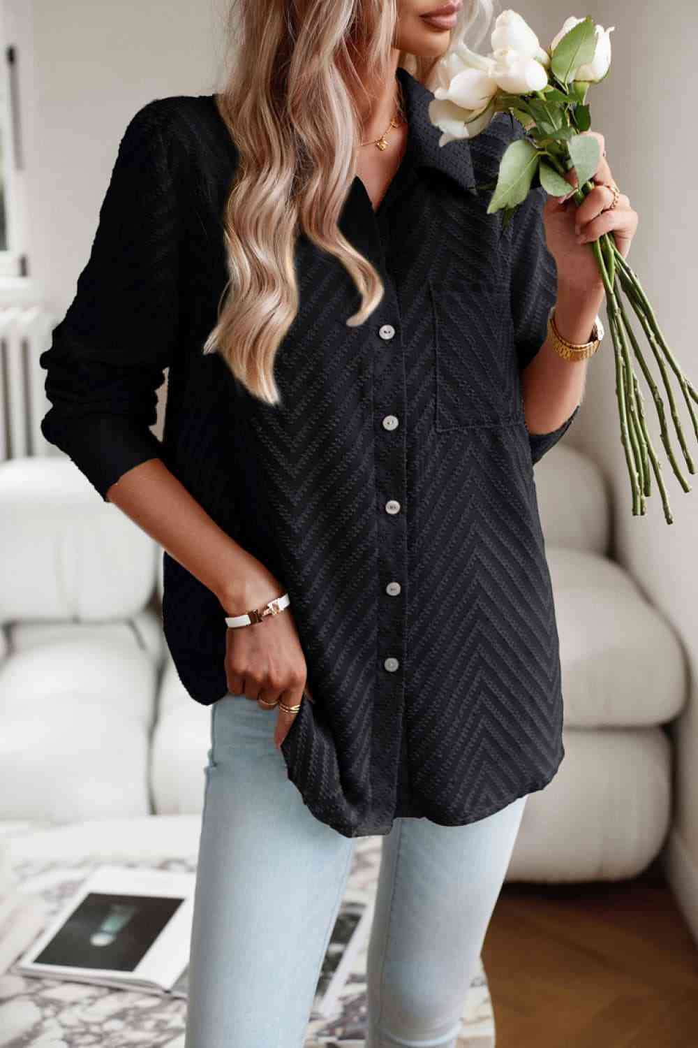 swvws Collared Neck Long Sleeve Pocketed Shirt