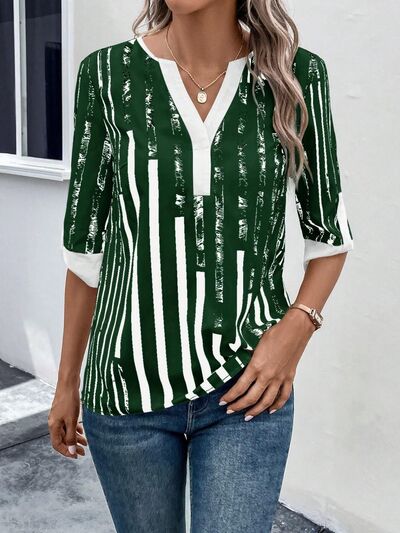 swvws Striped Notched Half Sleeve Blouse