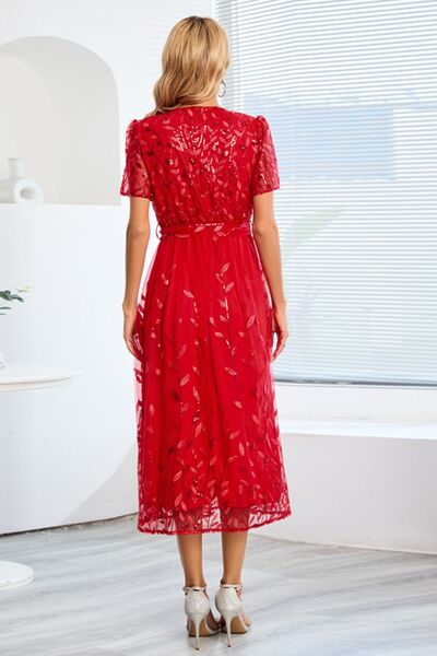 swvws Sequin Leaf Embroidery Tie Front Short Sleeve Dress