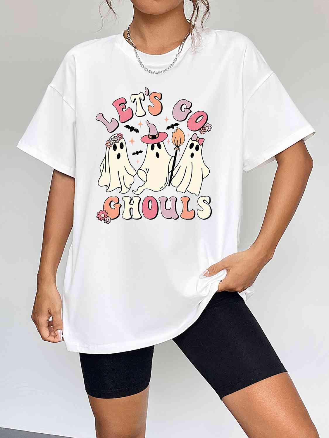 swvws Round Neck Short Sleeve LET'S GO GHOULS Graphic T-Shirt