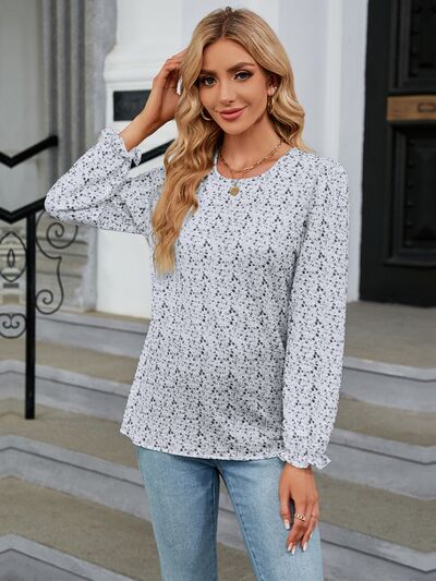 swvws Printed Round Neck Flounce Sleeve Blouse