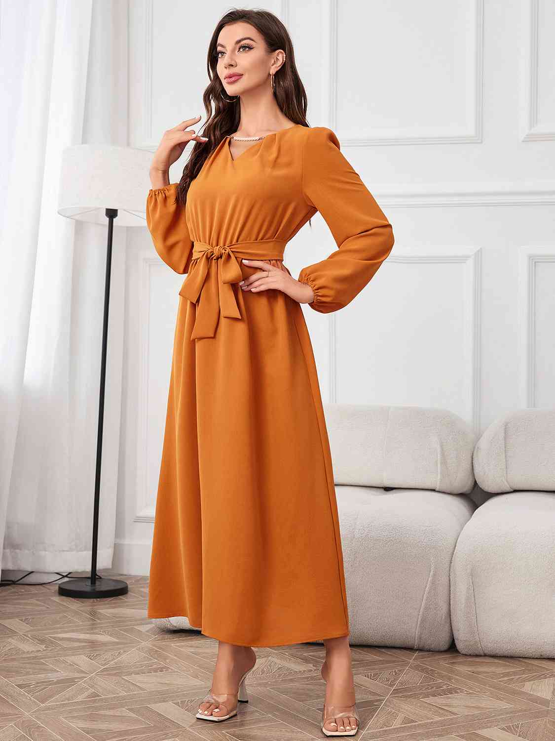 swvws Tie Waist Puff Sleeve Maxi Dress