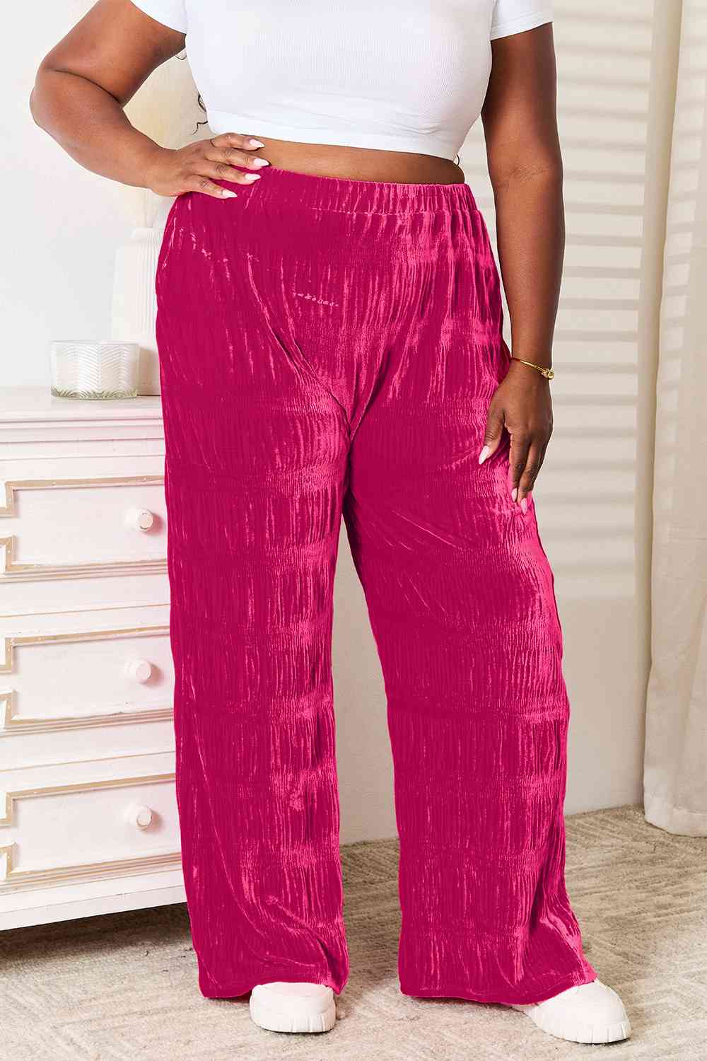 swvws Double Take Full Size High Waist Tiered Shirring Velvet Wide Leg Pants