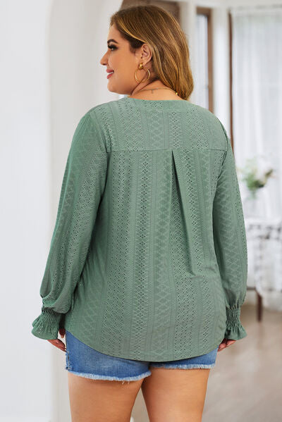 swvws Plus Size Eyelet Notched Flounce Sleeve Blouse