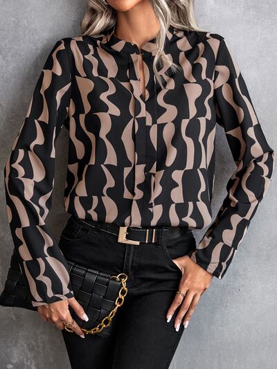 swvws Printed Notched Long Sleeve Blouse