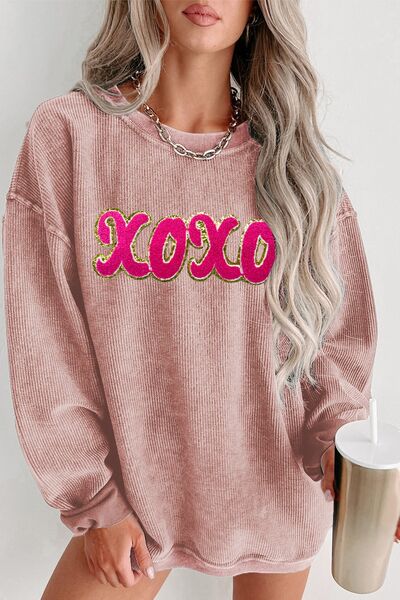 swvws XOXO Sequin Round Neck Dropped Shoulder Sweatshirt