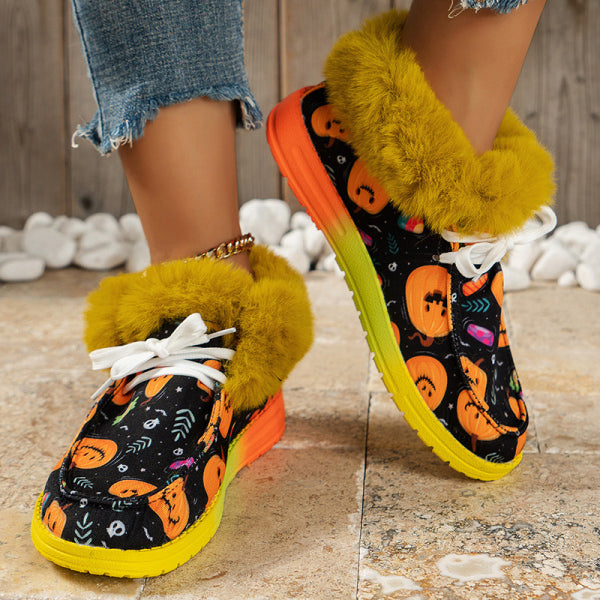 swvws - Black Casual Patchwork Frenulum Printing Round Keep Warm Comfortable Out Door Shoes