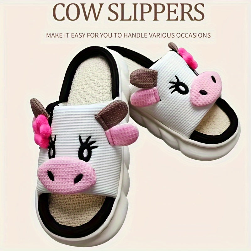 Cute Cartoon Cow Design Slippers, Casual Open Toe Linen Sole Shoes, Comfortable Indoor Home Slippers for fall