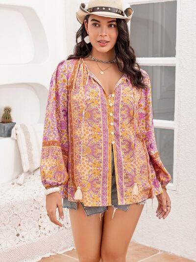 swvws Plus Size Tie Neck Tassel Printed Blouse