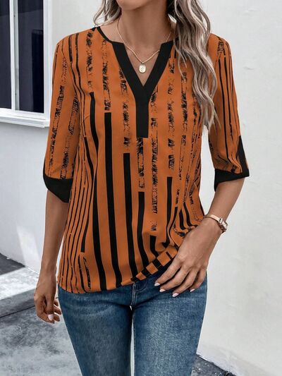 swvws Striped Notched Half Sleeve Blouse