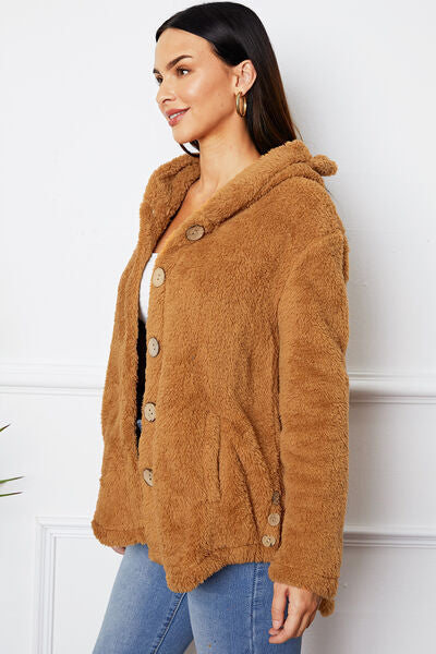 swvws Fuzzy Button Up Hooded Outerwear