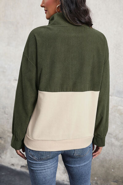 swvws Ribbed Color Block Half Button Sweatshirt