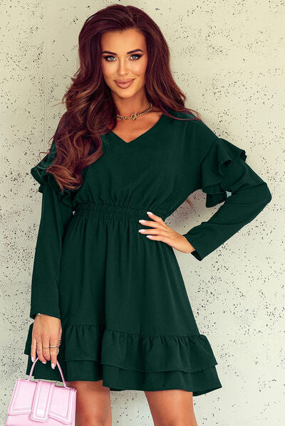 swvws Ruffled V-Neck Dropped Shoulder Mini Dress