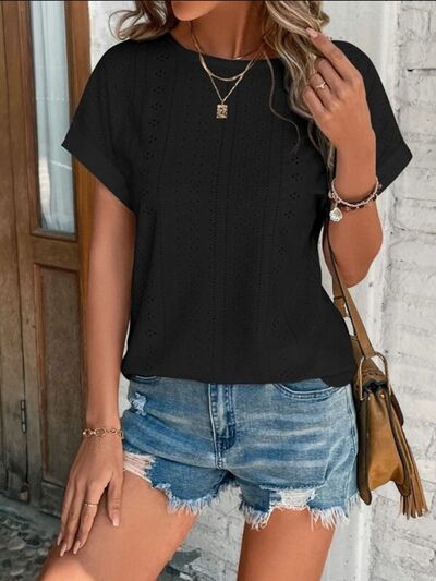 swvws Eyelet Round Neck Short Sleeve T-Shirt