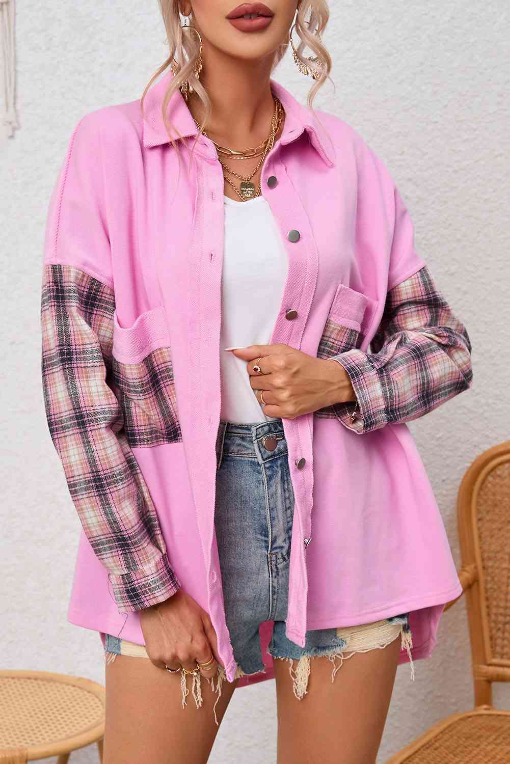 swvws Dropped Shoulder Plaid Print Collared Neck Shirt