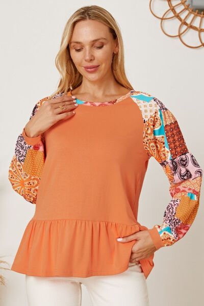 swvws Printed Round Neck Peplum Blouse