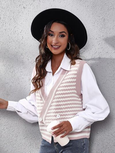 swvws Striped Button Up V-Neck Sweater Vest