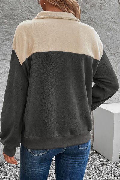 swvws Color Block Quarter Button Dropped Shoulder Sweatshirt