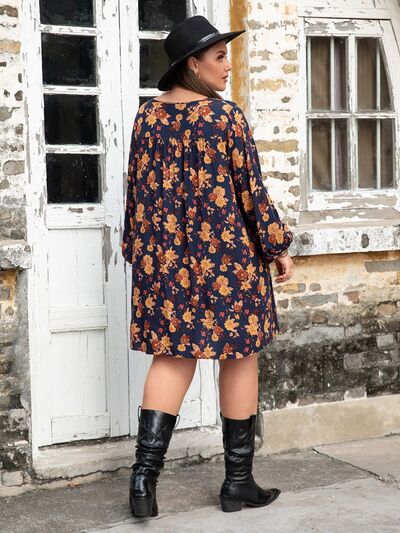 swvws Plus Size Floral V-Neck Balloon Sleeve Dress