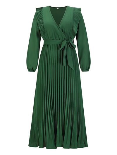 swvws Pleated Surplice Tie Waist Maxi Dress