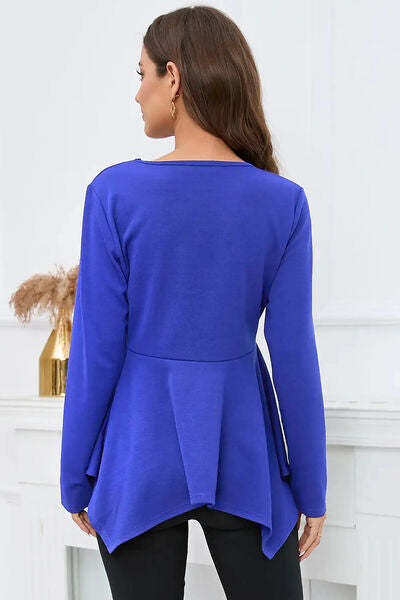 swvws Peplum Round Neck Long Sleeve Blouse