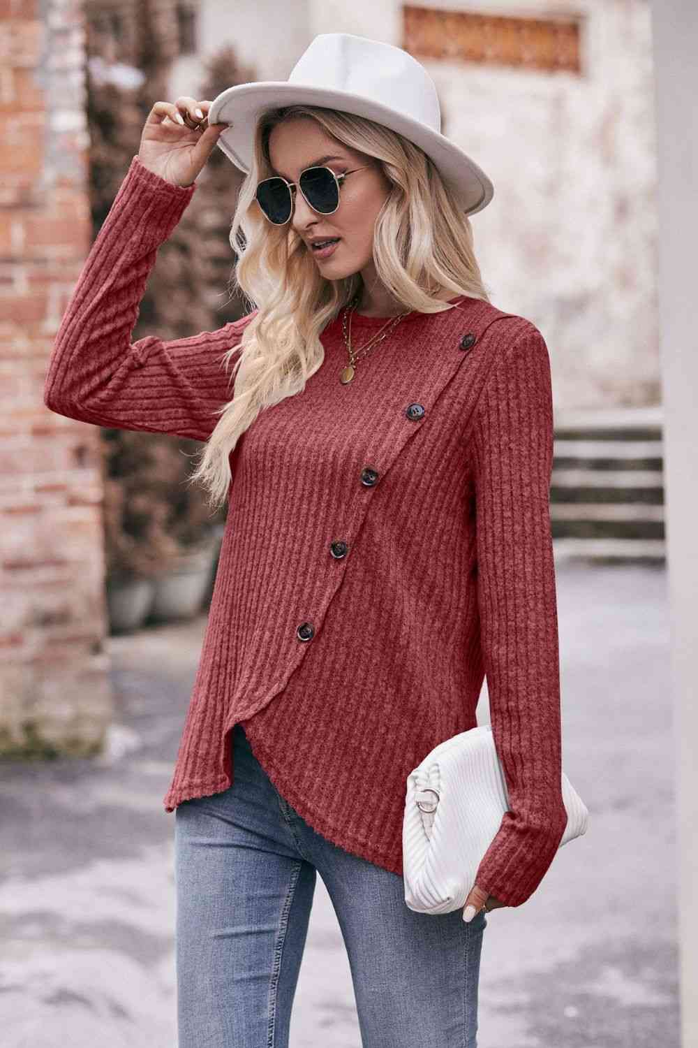 swvws Double Take Ribbed Round Neck Buttoned Long Sleeve Tee