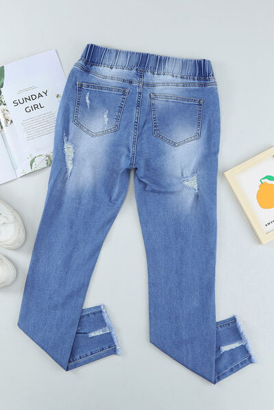 swvws Drawstring Distressed Raw Hem Jeans with Pockets