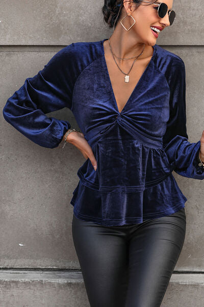 swvws Twisted Layered Plunge Raglan Sleeve Blouse