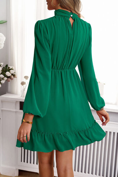 swvws Frill Ruched Mock Neck Balloon Sleeve Dress