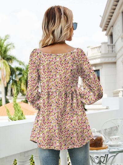 swvws Printed Scoop Neck Lantern Sleeve Blouse